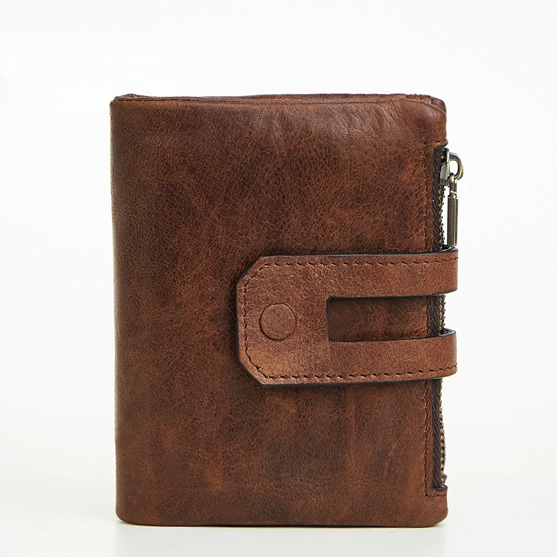 Men's Small Wallet RFID Genuine Leather Short Wallet Casual Fashion Double Zipper Card Holder Retro Coin Purse Money Bag Clutch