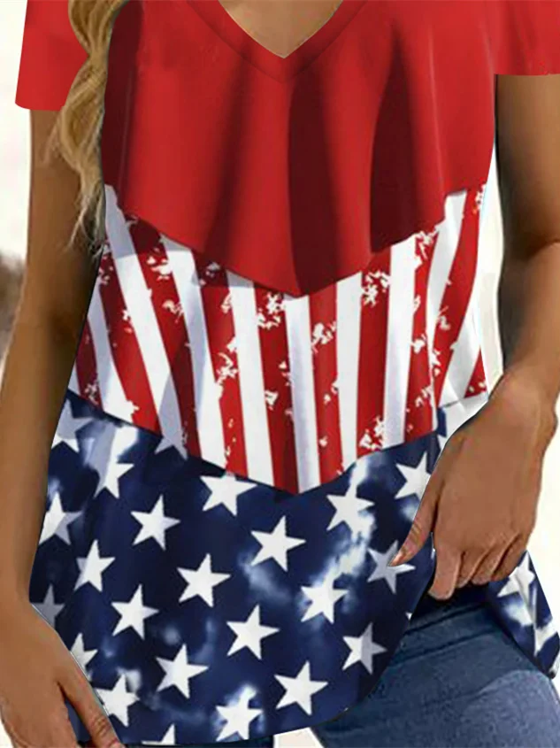 Tops de talla grande para mujer, manga corta, cuello en V, costura, gráfico, Bandera Nacional