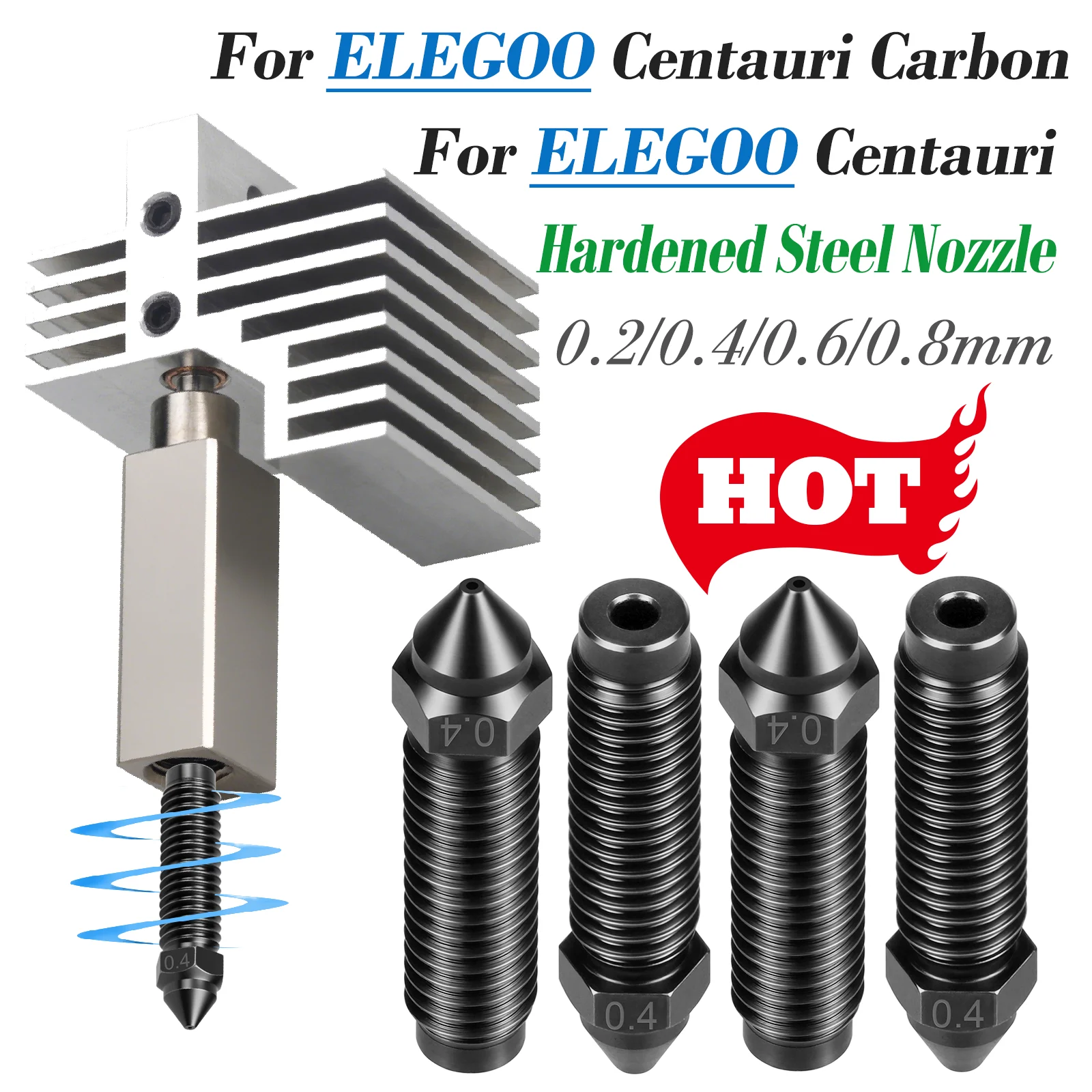 

Высокоскоростное сопло из закаленной стали из углерода Centauri, размер сопла 0,2/0,4/0,6/0,8 для деталей 3D-принтера Elegoo Carbon Hotend