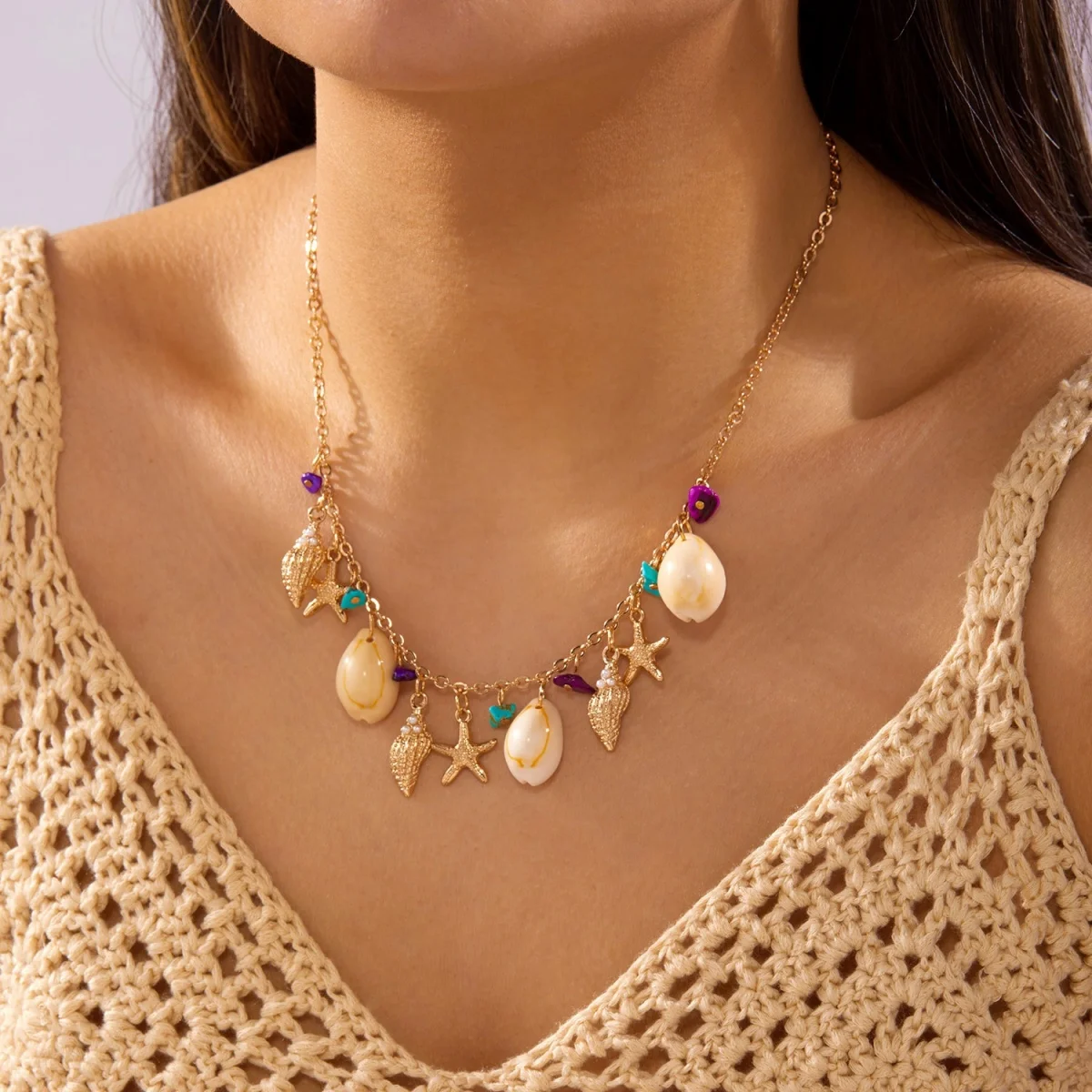 Boho-Halskette mit Muschel-, Seestern- und Schalenanhänger aus zerstoßenen Steinen für Damen und Herren, Ozean-, Strand-, Sommerurlaubsschmuck – Detail 11
