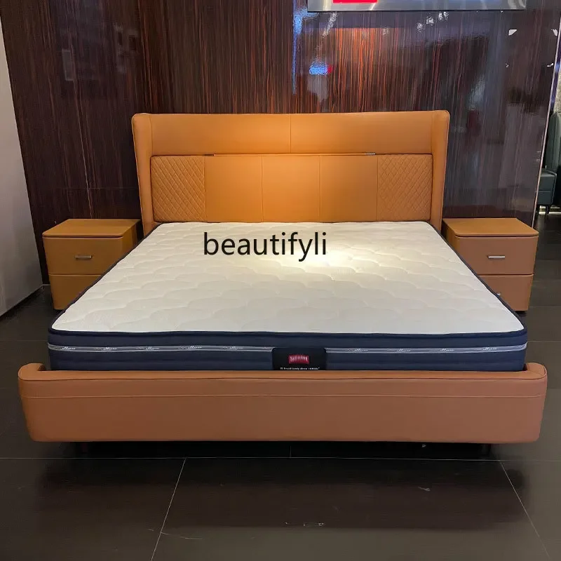 

zxqLeather Bed Marriage Bed Master Bedroom Double Bed First Layer Cowhide Simple Italian Designer Model