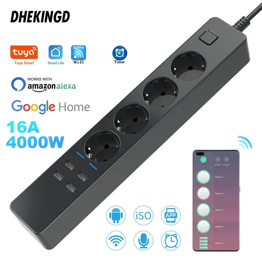 Wifi Smart  Power Strip 4EU  4USB Outlets Plug 5V3.1A Charging Port Timing Bluetooth Control with Alexa Google Home Assistant