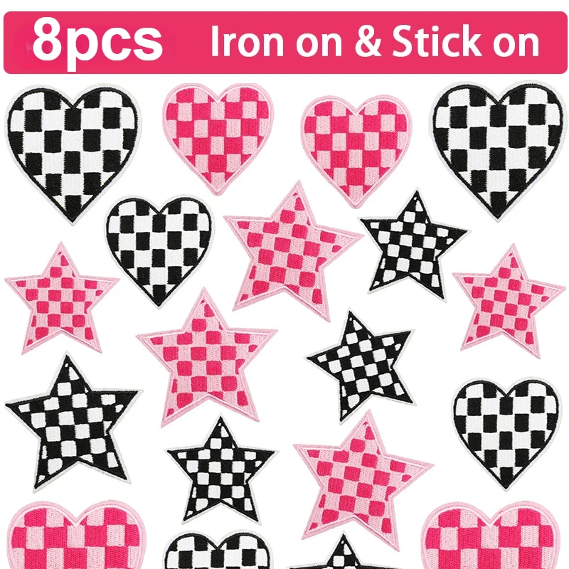 8pcs Checkered Flag Heart  Iron on Embroidered Patches for Jacket Denim Jeans DIY Craft Supplies  Check Star Love Sticker Patch