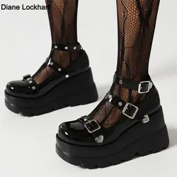 Chunky platforma buty Mary Jane na damskie ze skóry lakierowanej klamra szpilki z paskiem na kostce buty na koturnie wiosna czarny Lolita Gothic Punk