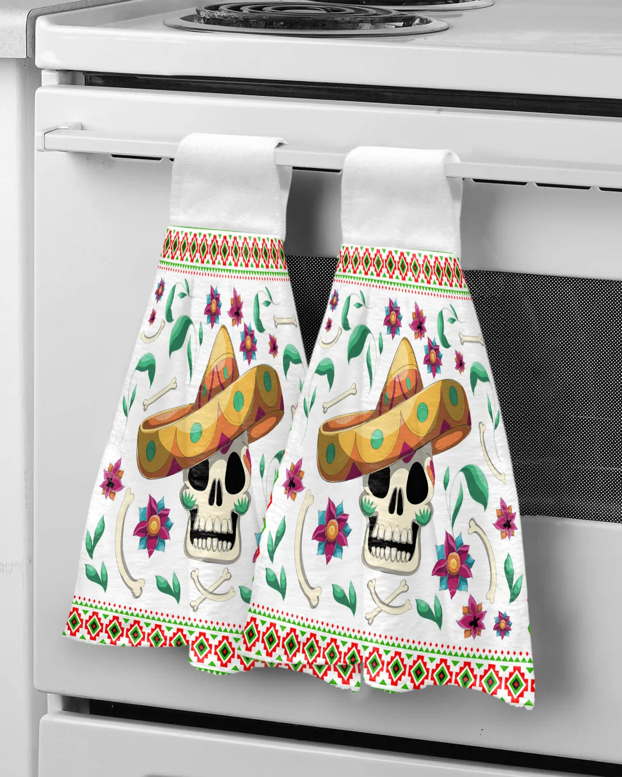 Mexico Skull Straw Hat Flower White Bathroom Hand Towel Kitchen Absorbent Hand Towels Custom Hanging Wipe Towel Soft Hand Cloth