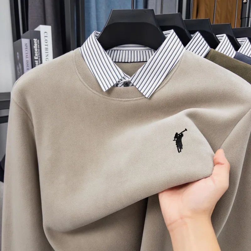 

Осень и зима, новый мужской шерстяной свитер, состоящий из двух частей, модный вязаный свитер с лацканами и бархатный вязаный свитер, базовый свитер