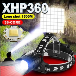 XHP360 LED Headlamp 5000000LM 36Core Zoomable Headlight TypeC Rechargeable 18650 Head Flashlight 800M Long Range Fishing Lantern