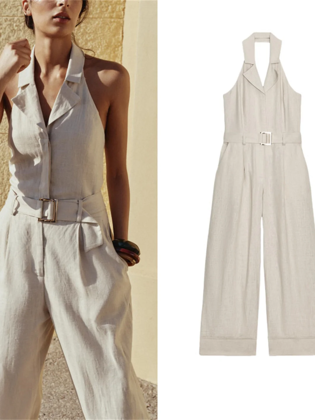 Tuta casual in lino misto lana con cintura Simple Faion Donna Autunno New Sle Vita alta Un pezzo Dr senza Sves