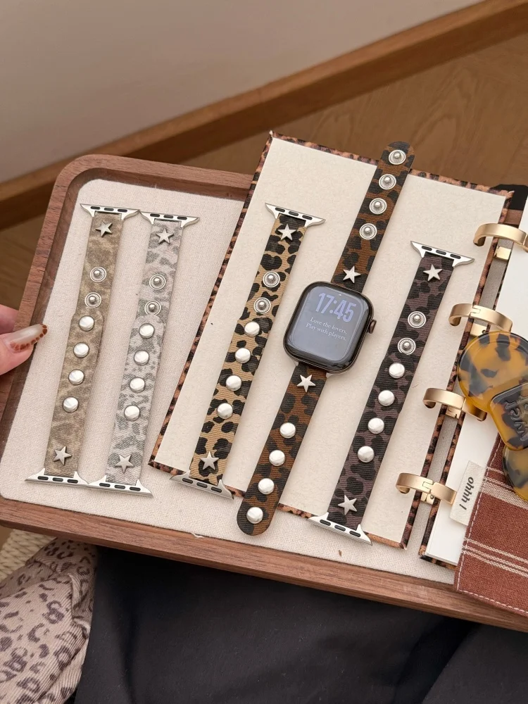Vintage Leopard Print Denim Rivet Leather Strap for Apple Watch 38/40/41 42/44/45/49 S10/11/12 42/46mm Star Band Replacement