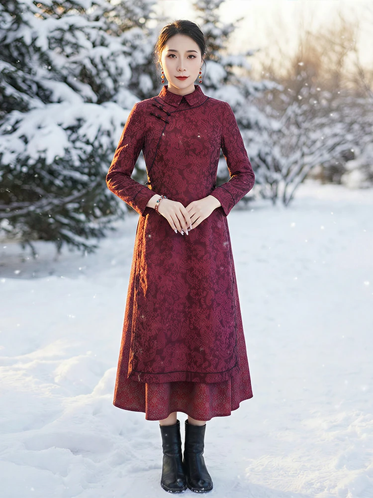 

Китайское платье-ао-дай для повседневной носки, в ретро-стиле, женский костюм с длинным разрезом, высоким воротником, из дышащего полиэфирного волокна, длинное