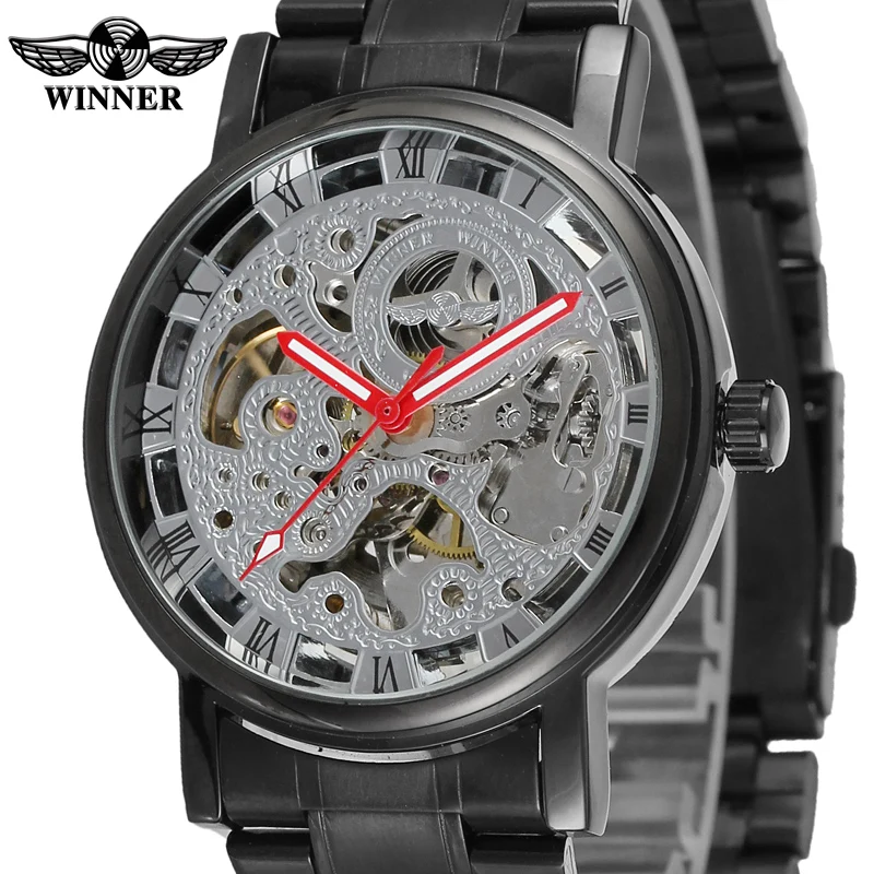 T-winner Mechanical watch Hollowed-out Roman digital scale Watch Round watch Black blue hand belt watch