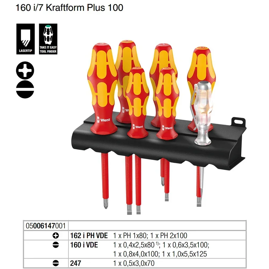 WERA 7 PCS 160 i/7 Rack Insulated Screwdriver Set Kraftform Plus Series 100 with Voltage Tester Pen and Rack 05006147001