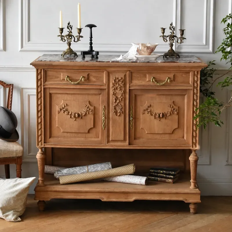 Retro Solid Wood Decorative Cabinet Small Apartment Living Room Carved Entrance Storage Chest with Marble Top Vintage Style
