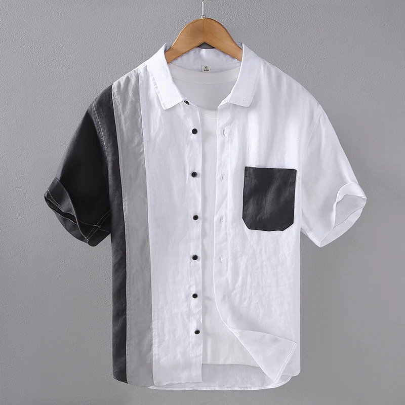 

Мужские рубашки с карманами в стиле пэчворк, 100% лен, с коротким рукавом, дизайнерские, летние, качественные, приятные для кожи, свободного кроя, повседневные, Camisas De Hombre
