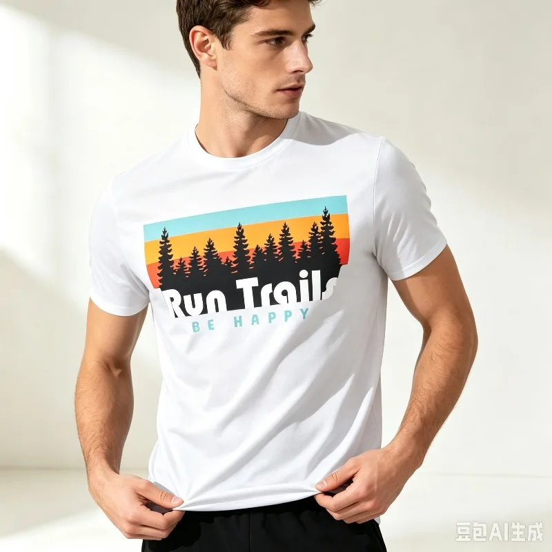 Sunset Pine Run Trails Be Happy Men T-Shirt 100% Cotton Crew Neck Tee For Trail Running Hiking Camping Outdoor Daily Outfit