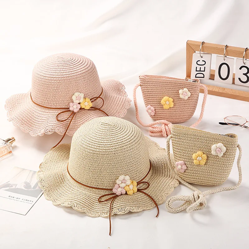 

New Summer Parent-Child Sun Hat Fashion Girl Bow Straw Vacation Travel Seaside Beach Floral Hat Handbag Simple Casual Cap