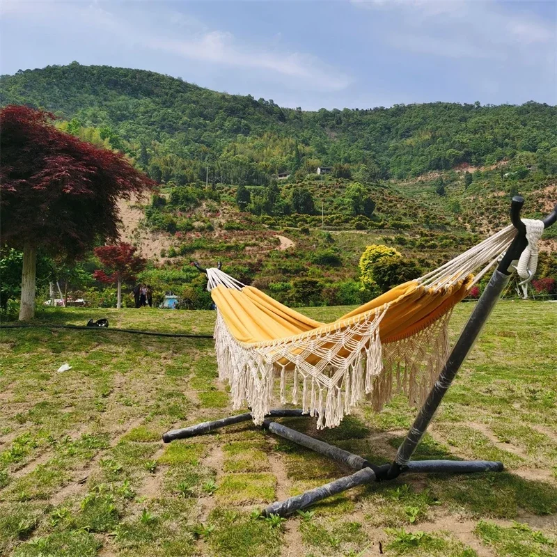 Minimalist Yellow Tassel Double Canvas Hammocks Outdoor Furniture Boho Photo Props Garden Swings Outdoor