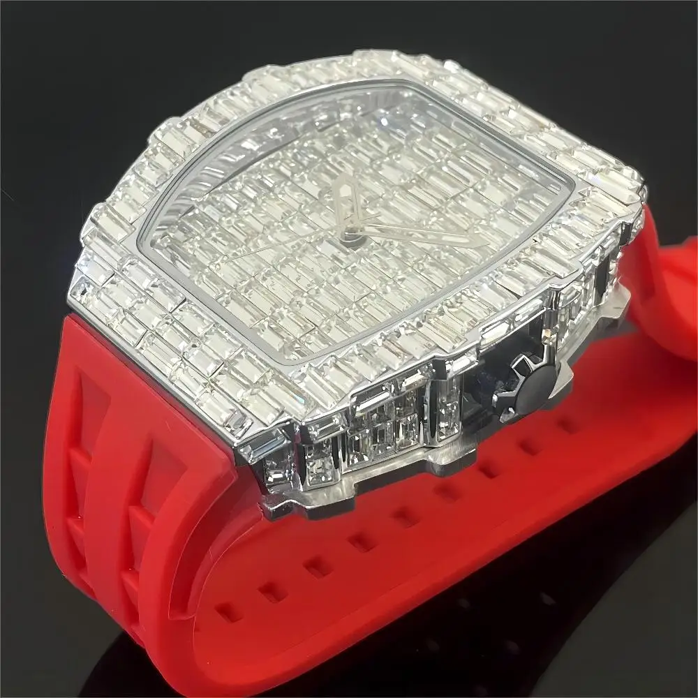 

2024 Luxury Iced Watch For Men Fashion Sports Casual Red Silicone Strap Quartz Clock Man Hip Hop Square Diamond WristWatch Reloj