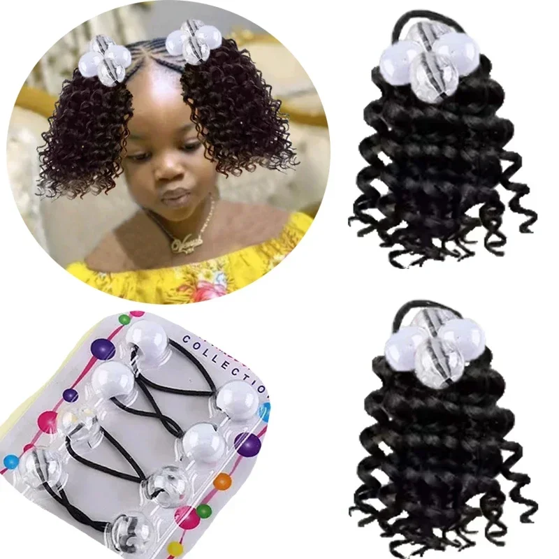 2PACKS Kid's Summer Afro Puff Kids Ponytail Afro Kinky Curly Hair Bun For Kids Natural Black Synthetic Hair 1B Curly-6Inch