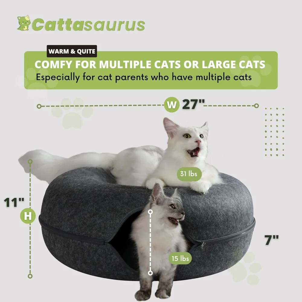 Cat Cave for Multiple & Large Cats Up To 30-45 Lbs, Scratch Detachable & Washable Tunnel Bed, Comfy Donut Cat Bed