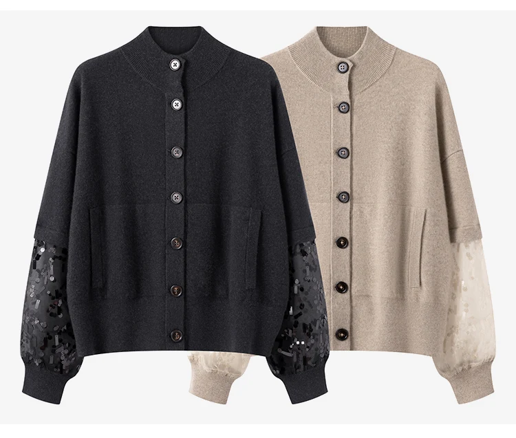 BD4521243 Damen-Kaschmir-Cardigan mit Knöpfen, Stehkragen, Langen Ärmeln, Organza-Pailletten-Manschetten, Lockerer Schnitt, Winter-Strickware – Detail 9