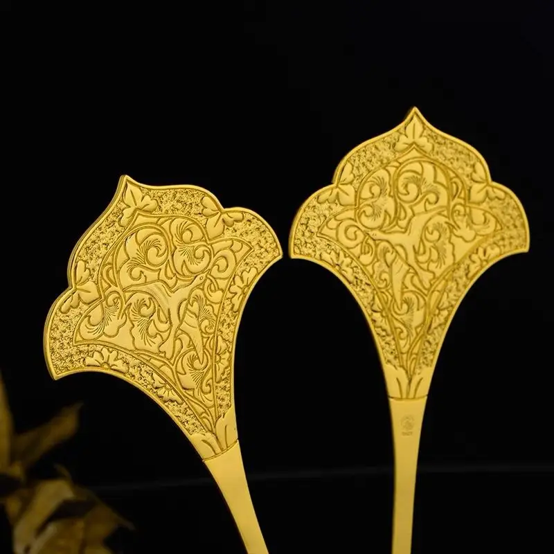 

Бронзовые позолоченные антикварные аксессуары для волос, ретро, восстановленная шпилька династии Тан, рельефные двусторонние аксессуары для волос ханьфу