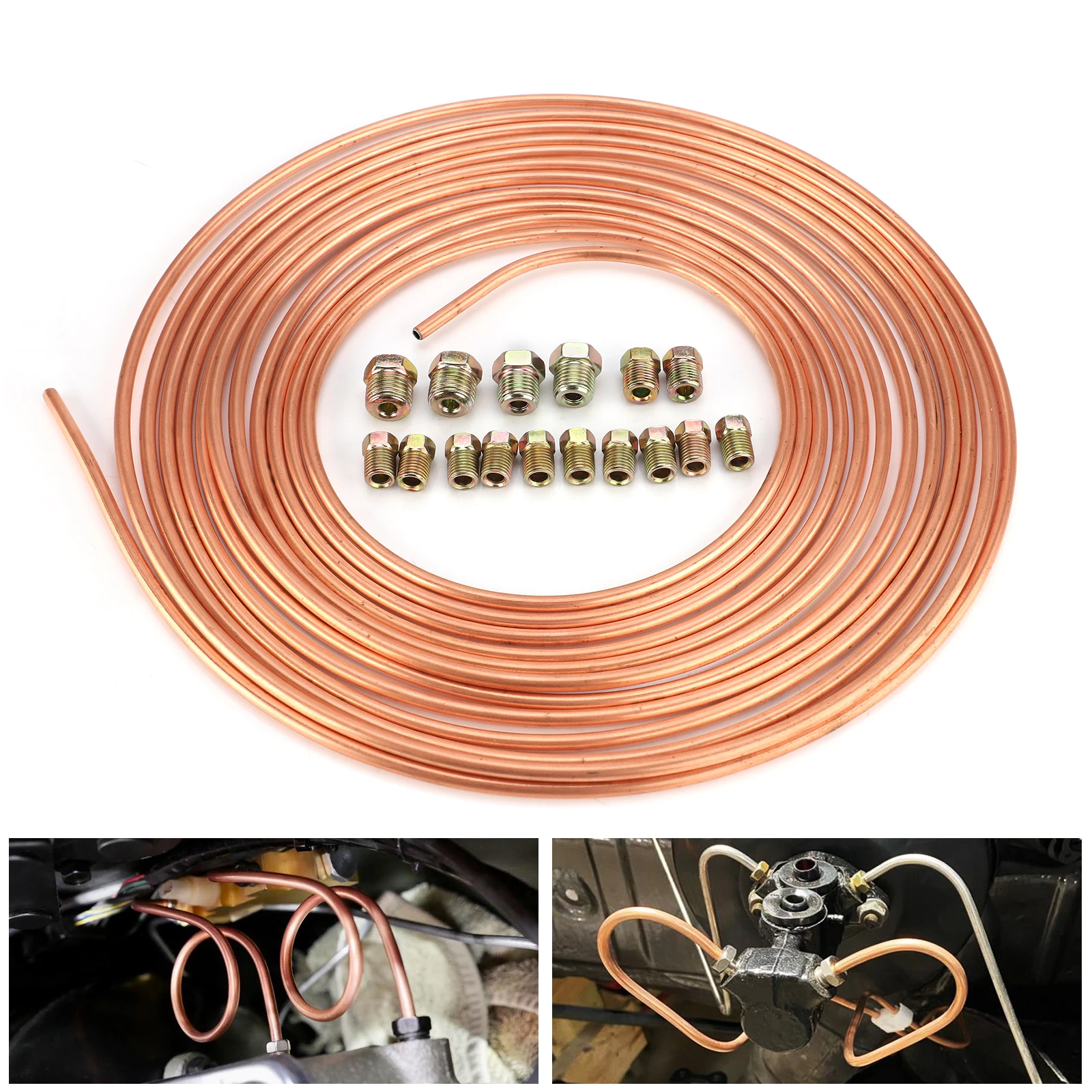 16PCS Nuts Galvanized Copper Hose Line Piping&25FT 7.62m Car Roll Tube Coil of 3/16\