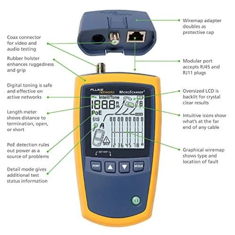 MS2-KIT MicroScanner2 Copper Cable Verifier Kit, Troubleshoots RJ11, RJ45, Coax, Tests 10/100/1000Base-T, and Voip,