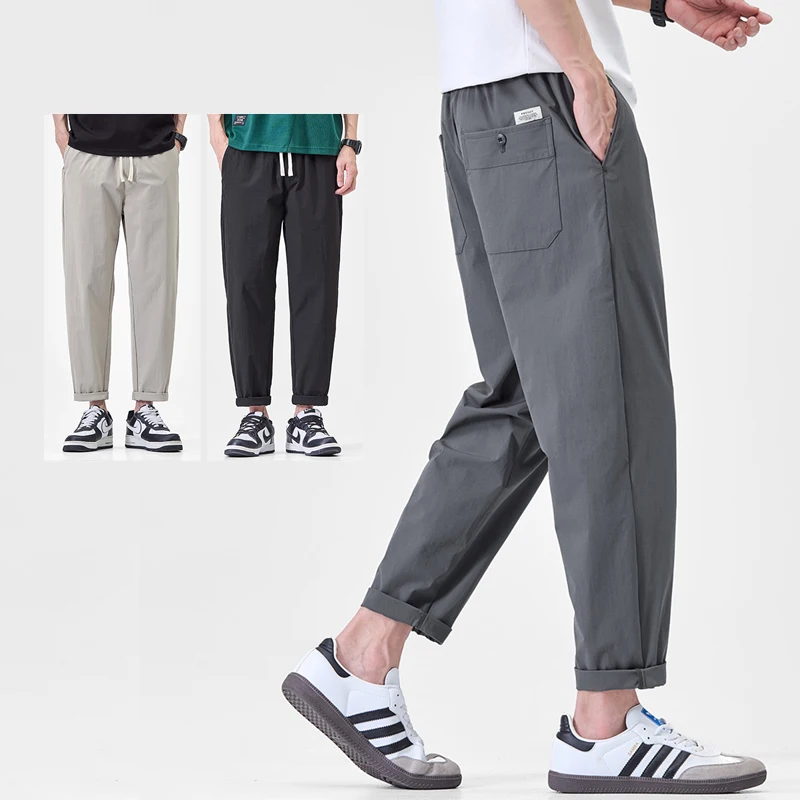 

Мужские повседневные брюки-чинос из ледяного шелка, тонкие, эластичные, свободного кроя, однотонные, для активного отдыха, весна-лето