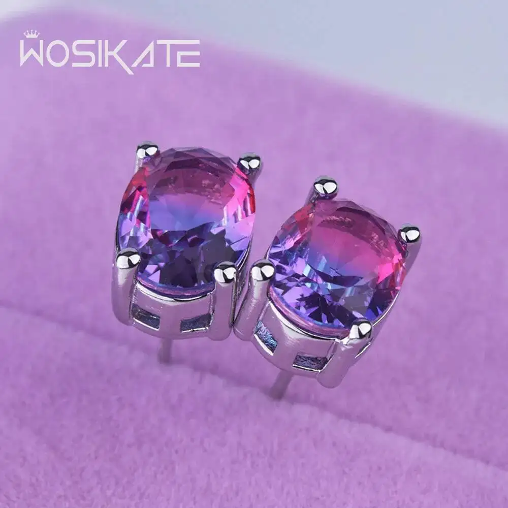

WOSIKATE New Classic Colorful Gradient Gemstone Earrings For Women 925 Sterling Silver Jewelry Engagement Ornament Stud Earrings
