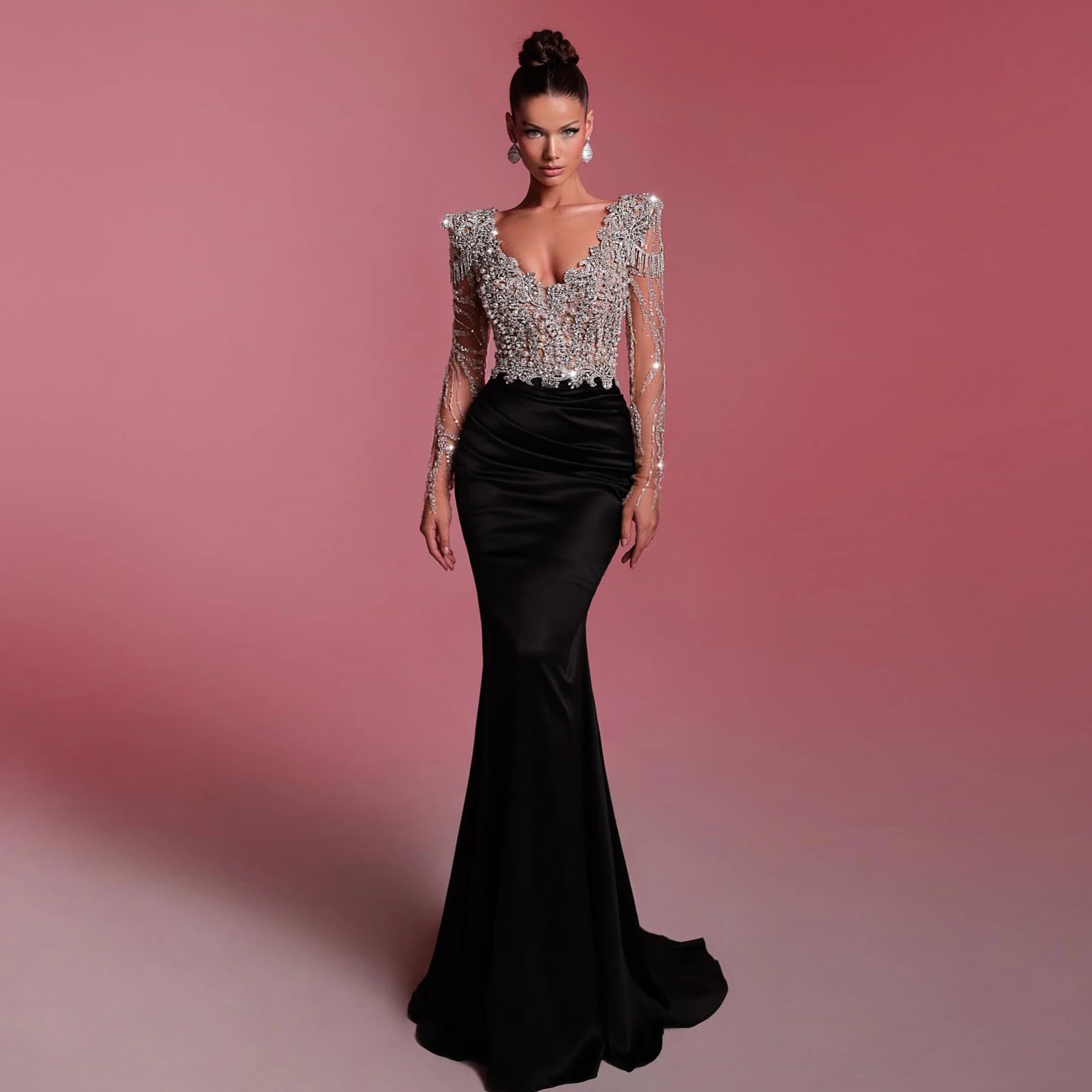 Luxury Crystals Beaded Mermaid Evening Dresses Long Sleeves V Neck Black Formal Party Dress 2025 Vintage Prom Gown Custom Made