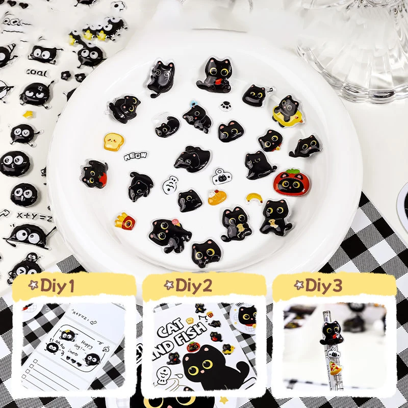 1PC Cute Black Cat + Coal Ball Elf Theme 3D Embossed Sticker for DIY Scrapbook Phone Case Decoration Gift Craft Supplies image 2