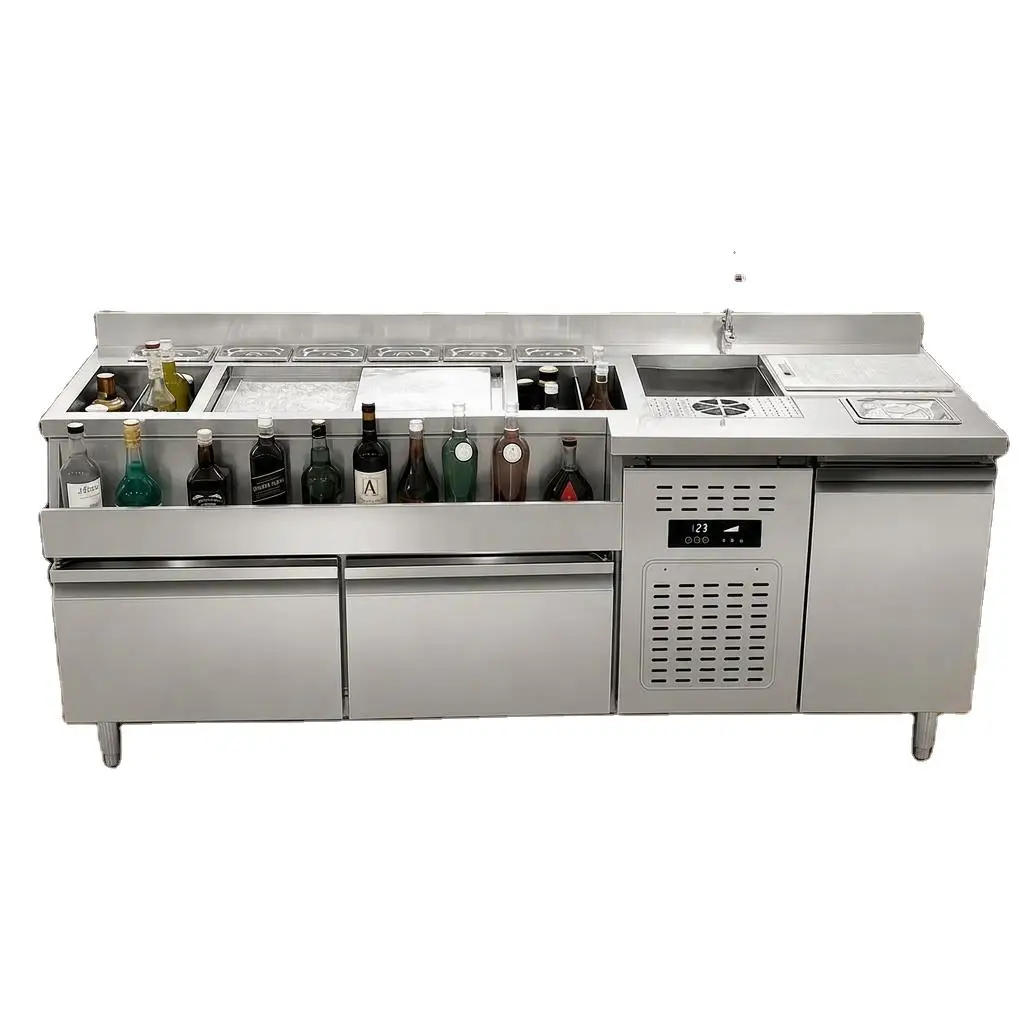 Commercial Stainless Steel Cocktail Bar Station With Sink Ice Bin Speed Rail Custom Bartender Workstation For Restaurant Hotel