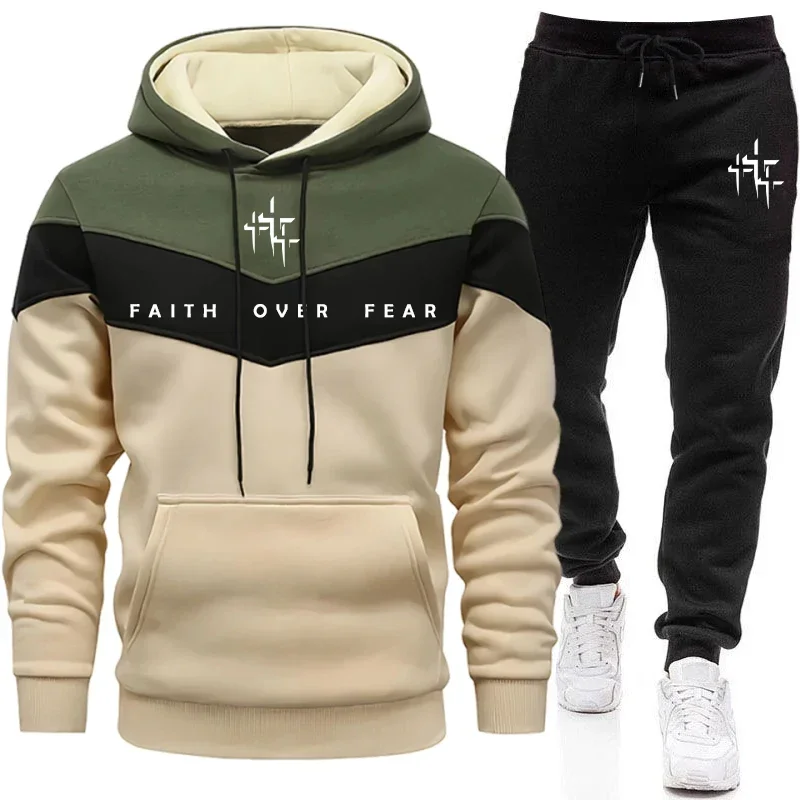 Faith Over Fear Men's Tracksuit Hooded Sweatshirt and Jogger Pants Urban Fashion Hoodies Outfits Autumn Winter Casual Sportswear