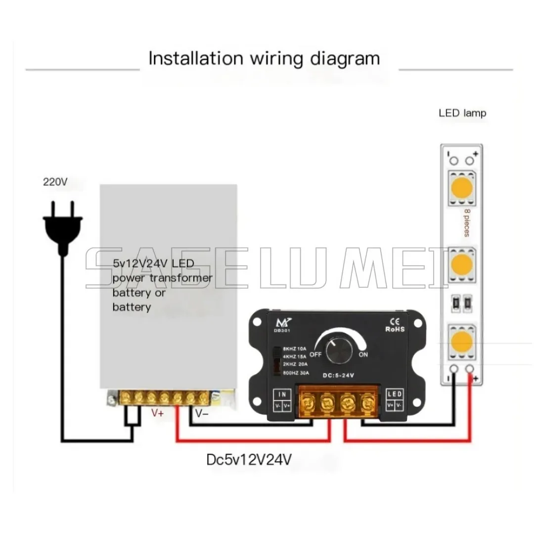 DB301 DC5V/12V/24V Knob frequency adjustable stepless dimming controller 30A Adjustable Controller Switch Single LED Strip PWM