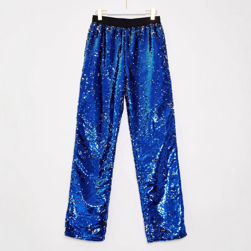 2025 New Europe & USA Flip Color Sequins Casual Pants for Men,Gold Blue Elastic Waist Fashion Shiny Street Style Beaded Trousers