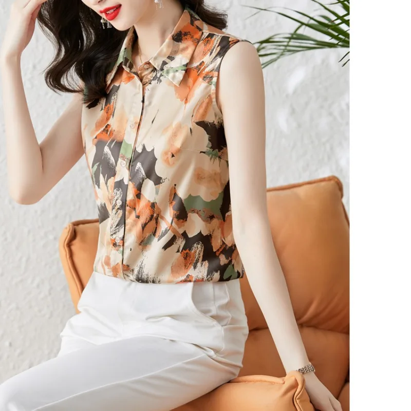 2024 New Women\'s Summer Printed Polo Collar Fashion Elegant Silk Tank Top Shirt Sleeveless Single Row Multi Button Loose Top