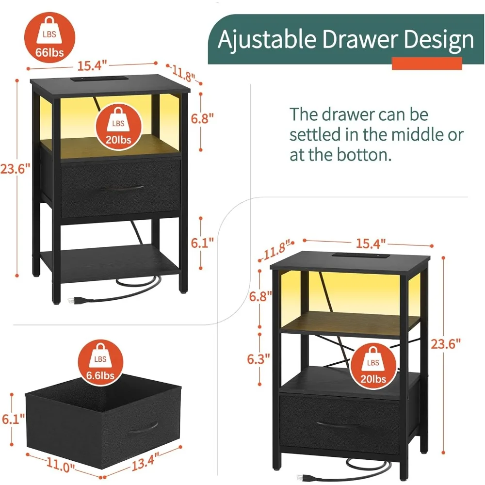 طاولة جانبية مع مساحة تخزين، حامل ليلي LED مع قاعدة شحن، طاولات نهائية لغرفة المعيشة، منضدة لغرفة النوم مع Adju
