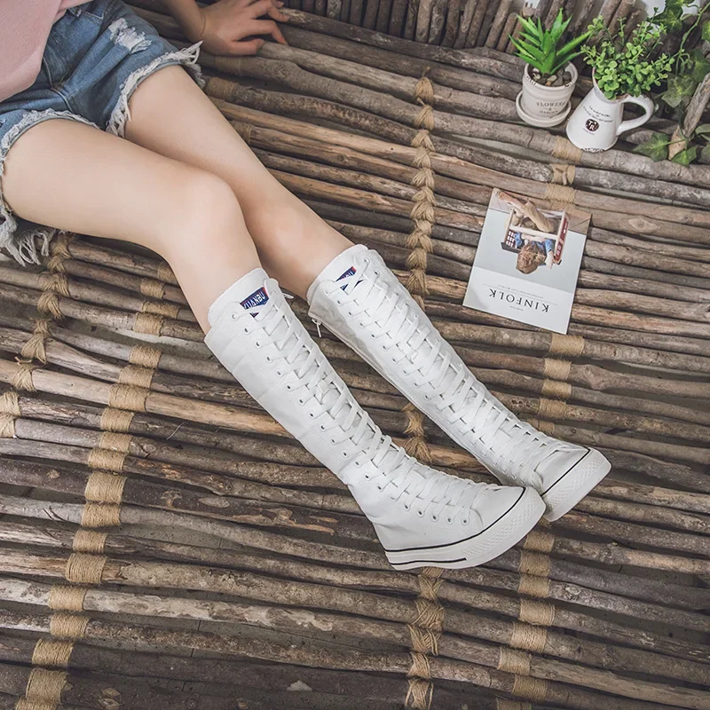 Damskie płócienne buty na platformie, sznurowane, z zamkiem błyskawicznym, wygodne, płaskie, jesienne wysokie botki, sneakersy, nowa kolekcja wiosna 2025.