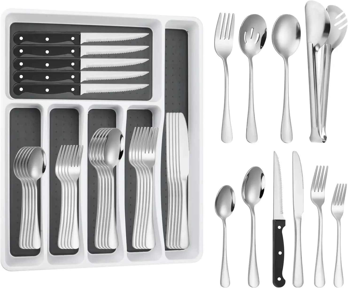 

65PCS Stainless Steel Silverware Set for 8 with Drawer Organizer, Includes Spoons, Forks & Steak Knives