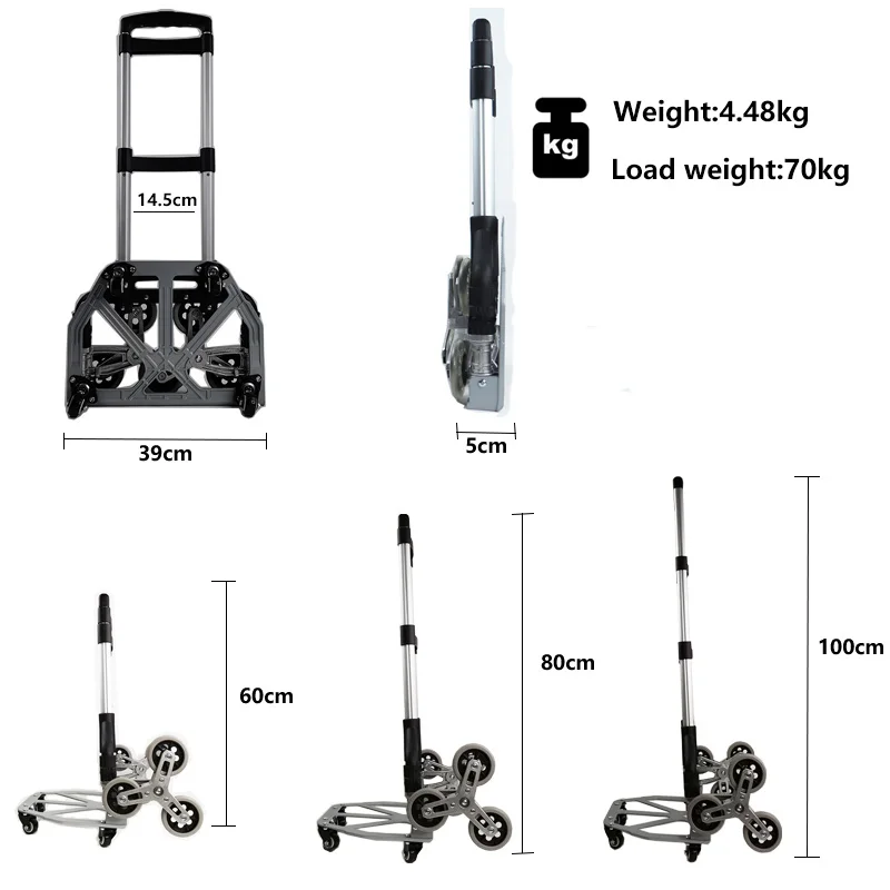 Stair Climbing Cart Folding Trolley Heavy Duty Portable Hand Truck Dolly Cart Adjustable Handle PU Rubber Wheel Upstairs Cargo