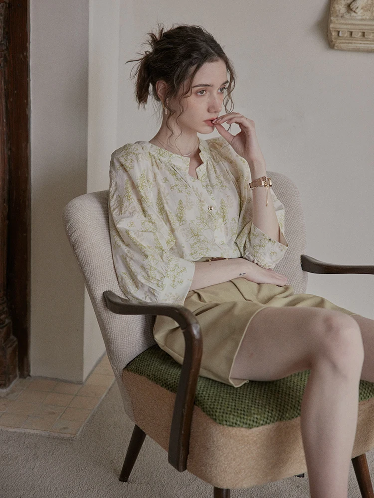 

Рубашка C.PAIA Original Branch Print свободного кроя с защитой от солнца, женская, в стиле ретро, для узкого круга аудитории, хлопковая, с рукавами-фонариками, V-образный вырез