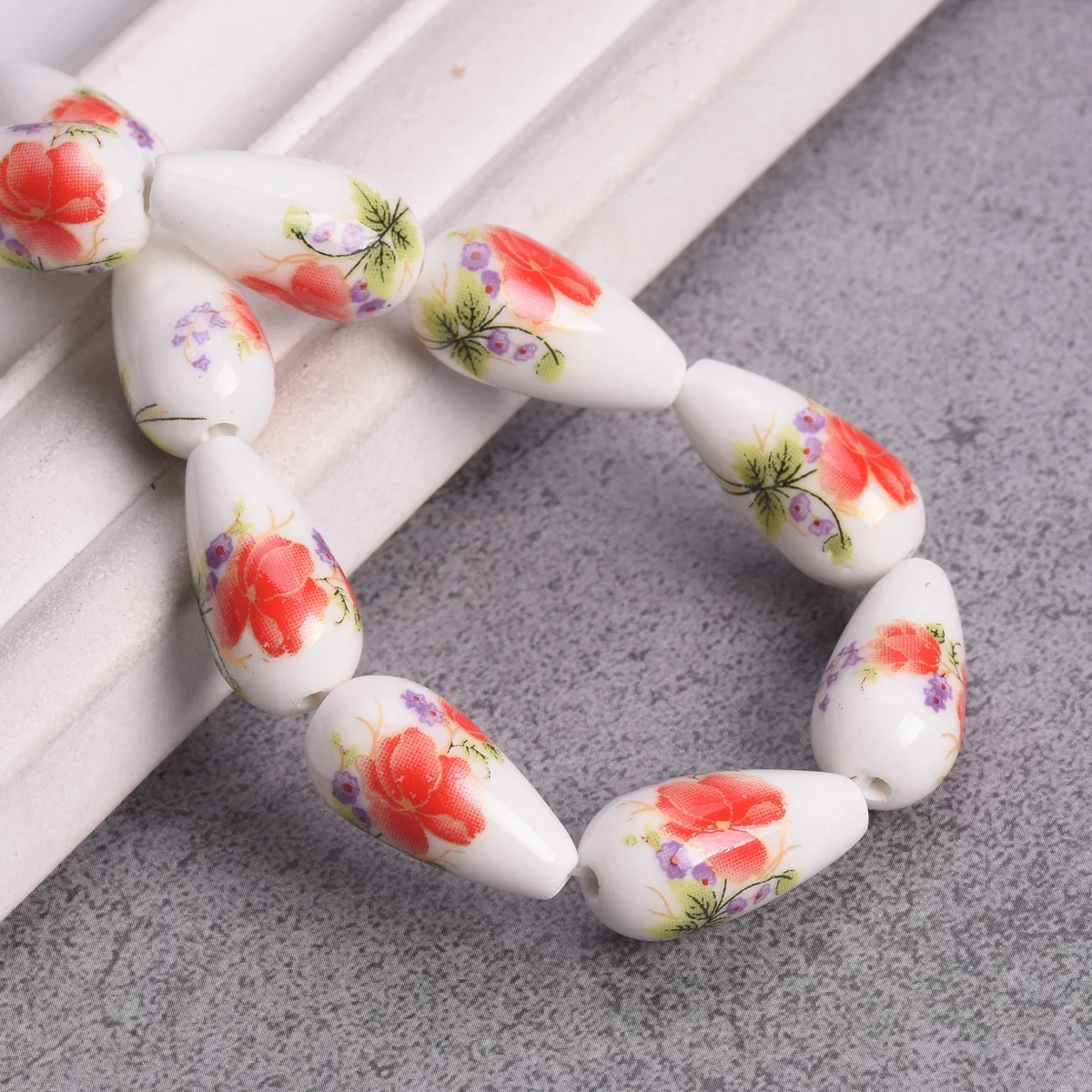 10PCS Teardrop Shape 20x10mm Flower Patterns Ceramic Porcelain Loose Crafts Beads For Jewelry Making DIY Bracelet Findings