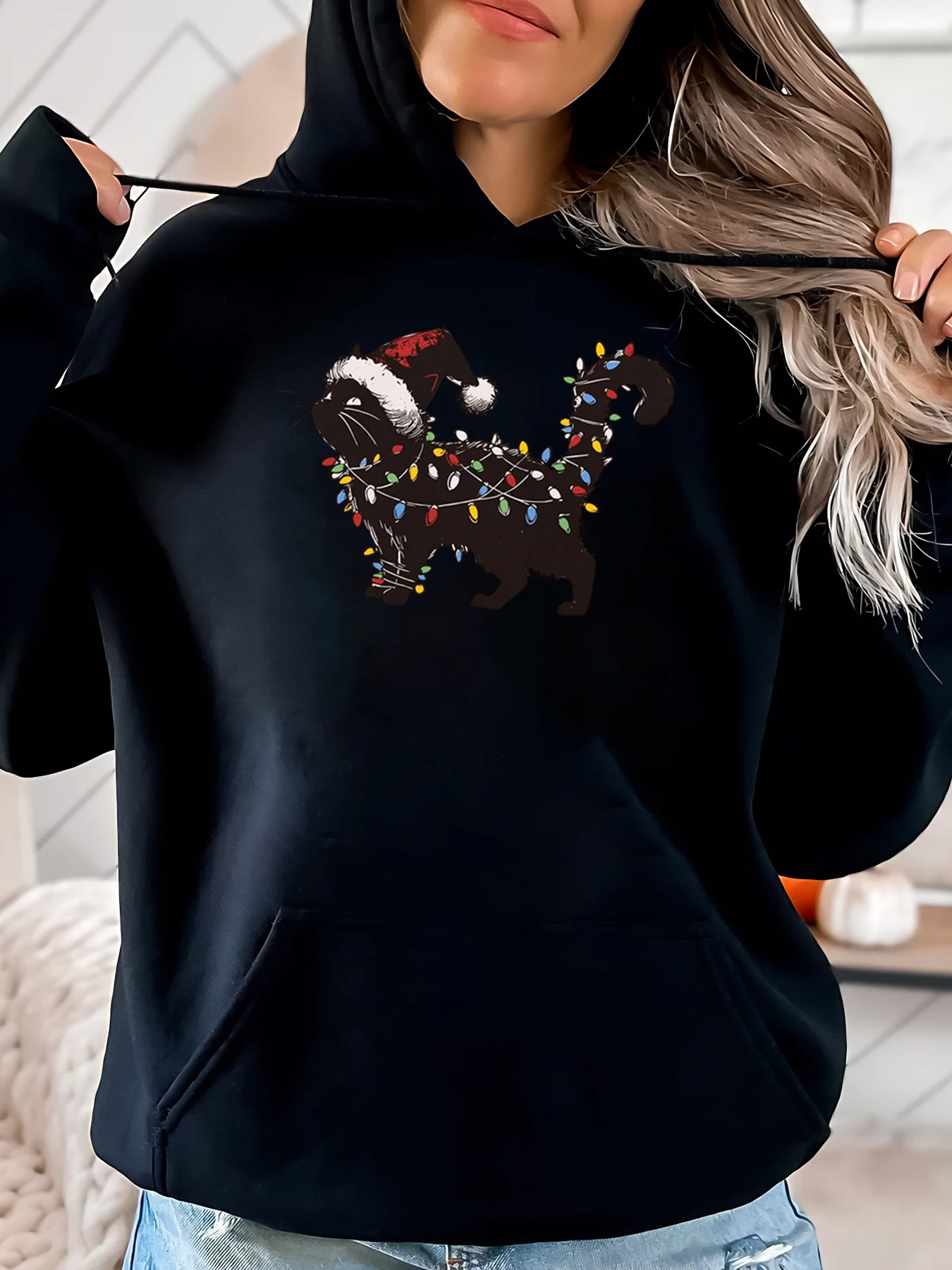 

Рождественская собака с огнями и принтом Праздничная толстовка с капюшоном Женская повседневная одежда для праздничного сезона Черная больших размеров