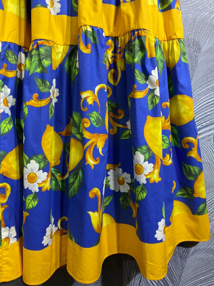 SEQINYY Sicily Skirt Summer Spring New Fashion Design Women Runway Lemon Vintage Flowers Print Blue A-Line High Street