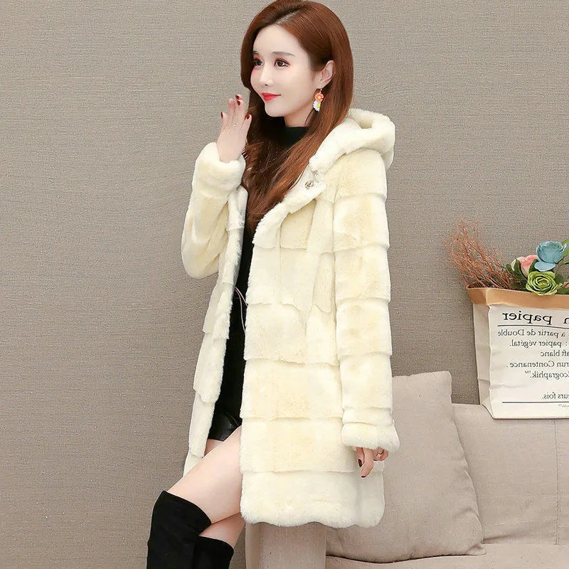معاطف نسائية من فرو المنك الصناعي سترات متوسطة الطول مع قلنسوة وأكمام طويلة واحدة الصدر سميكة دافئة من الفرو غير رسمية لخريف وشتاء 2025 #6