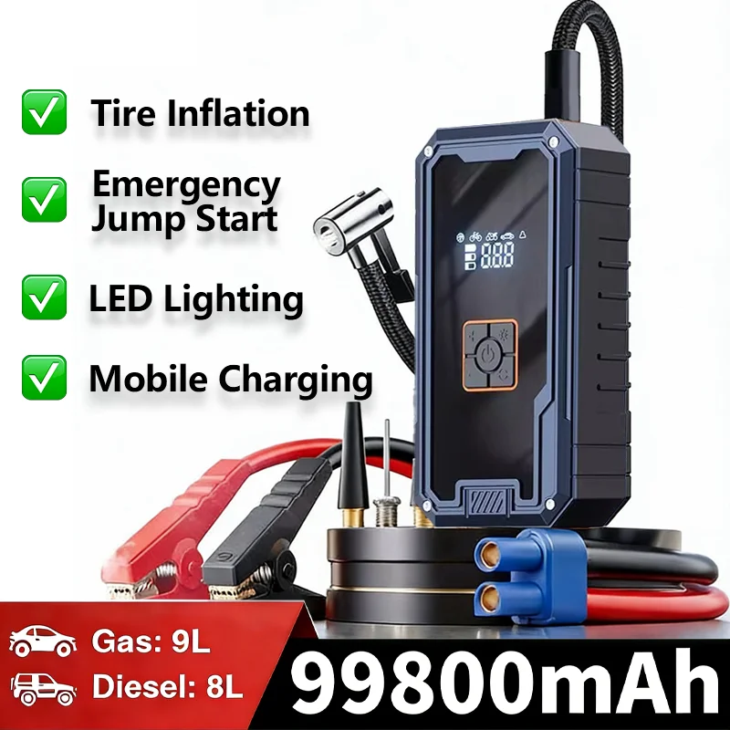 3000A Car Jump Starter 12V Battery Booster 99800mAh Power Bank 150PSI Air Compressor Portable Emergency Starter with LED Light