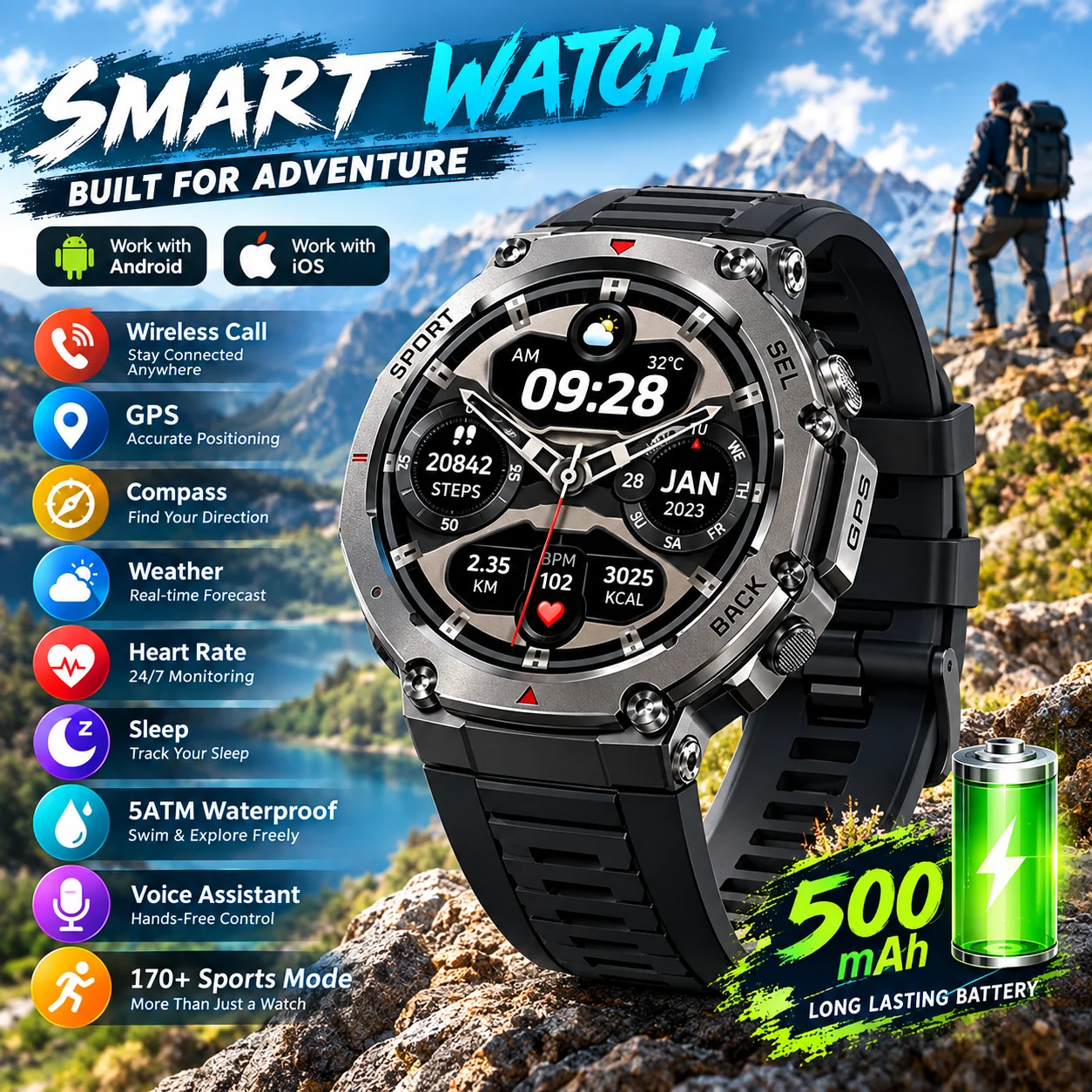 LIGE GPS Smart Watch Men Compass Altimeter Barometric 5ATM Waterproof AMOLED HD Watch Bluetooth Call Heart Rate Sport Smartwatch