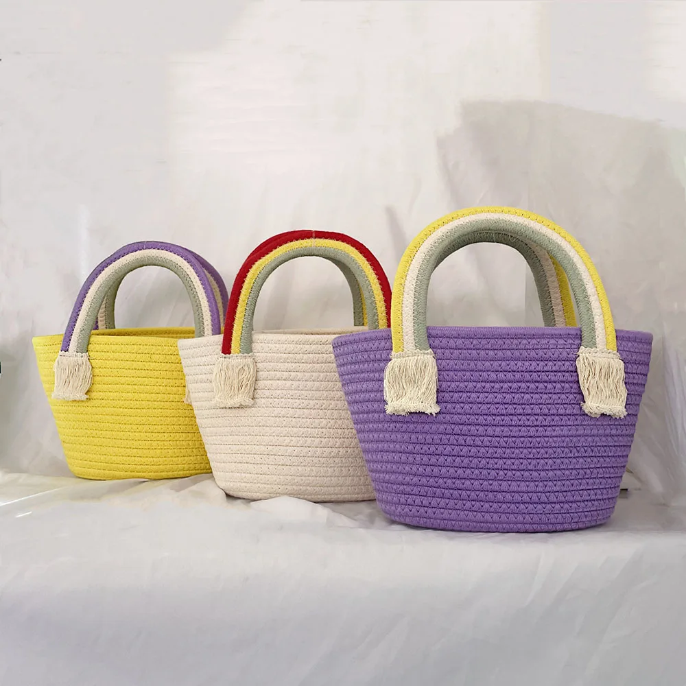 

Women's Summer Bag Rainbow Top Handle Handbags Cotton Woven Bags Soft Beach Bags Children's Seaside Holiday Bags Sweet Style