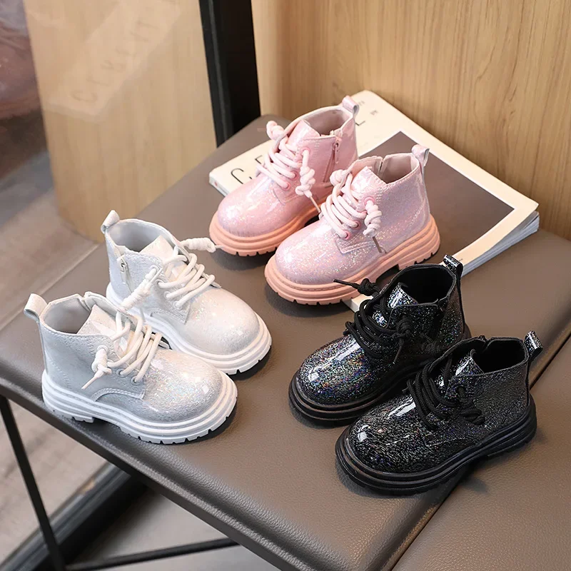 Girls Soft-soled Shiny PU Leather Boots Autumn Winter Kids Slip-resistant Fleece Short Boots Comfortable Casual Boots Children